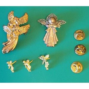 Vintage Lot of 5 Angels Christmas Brooch Pin Pendant Guardian Gold & Silver Tone
